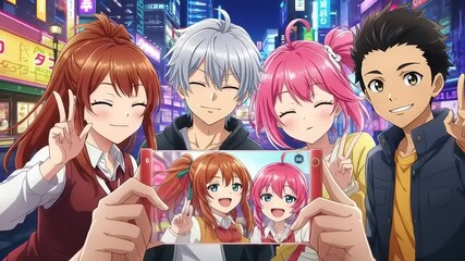 Group of friends taking a selfie in a vibrant city at night, showcasing bright neon lights and lively atmosphere - Powered by Adobe