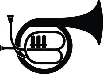 Black and white silhouette presents a brass French horn, showcasing valves and a large bell, transparency