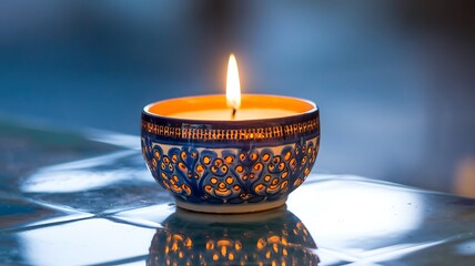 Teal Diya with Bright Flame Against Dark Background