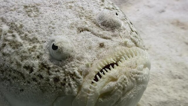 Observed up close, an individual Stargazer rests on the sandy bottom of the Red Sea. This creature blends almost perfectly with the sand, waiting for its next meal.