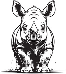 Baby Rhino Portrait: Captivating black and white portrait of a baby rhinoceros with a prominent horn, displaying innocence and charm through its adorable features.