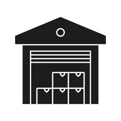 Warehouse With Boxes Solid Icon. Storage Facility, Inventory Management, And Logistics Silhouette Symbol. Efficient Supply Chain Operations. Isolated Vector Illustration
