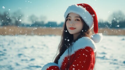 cute Asian woman in Santa costume standing in the empty snow field, cold winter
