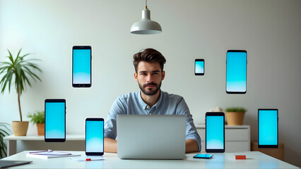 Young Developer Testing Mobile App Across Multiple Android Devices in Minimalist Workspace
