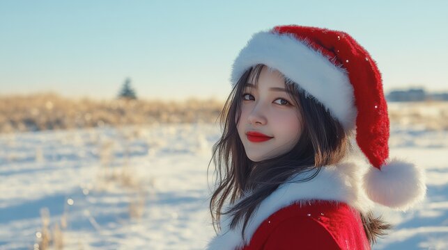 cute Asian woman in Santa costume standing in the empty snow field, cold winter