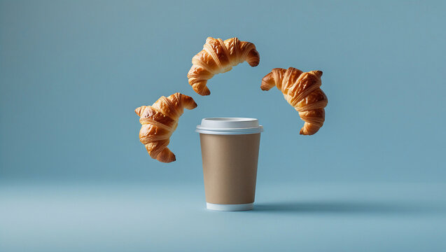 Paper coffee cup with floating croissants on pastel blue background. Perfect for cafe menus, bakery ads, and breakfast promotional content.

