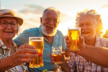 Group of senior friends toasting with beer at sunset