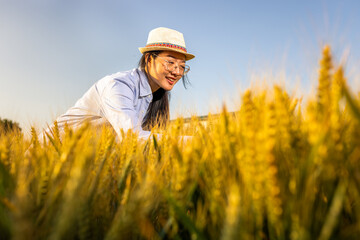 : Thai Woman Farmer Smiling While Holding Wheat in Golden Field