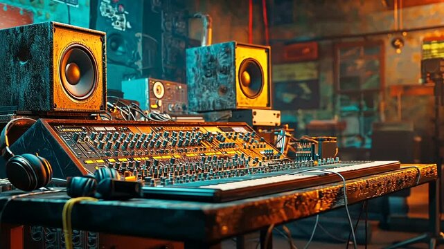 Vintage music studio with mixing console and speakers, capturing a creative atmosphere