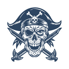 Pirate Skull with Hat and Crossed Swords – Hand Drawn Jolly Roger Emblem in Tattoo Style Isolated on White Background.