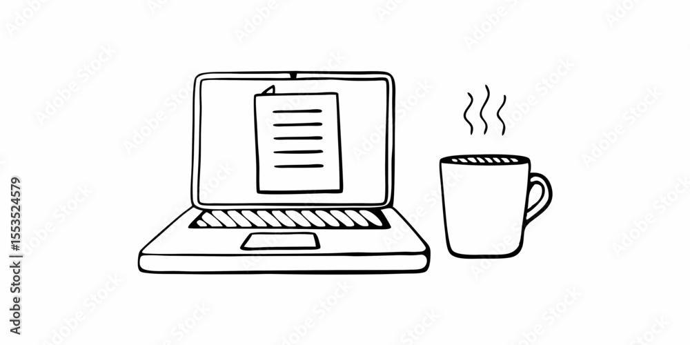 Fototapete laptop with document on screen and a steaming mug of coffee in a simple black and white drawing