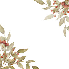 Frame watercolor illustration green branches leaves foliage, red berries. Template hand drawn on isolated background for design holiday, new year, christmas, autumn, postcard, packaging label poster