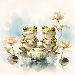Frogs&rsquo; Tea Ceremony: Two amphibian friends sip steaming cups amidst lush pink blooms floating on still water.