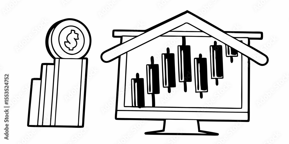 Poster a stock chart on a monitor with a coin on a rising bar graph next to the screen