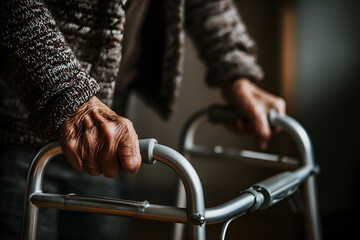 Close up of Elderly Person's Hands Gripping a Walker