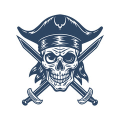 Pirate Skull with Hat and Crossed Swords – Hand Drawn Jolly Roger Emblem in Tattoo Style Isolated on White Background.