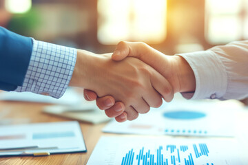 Two hands shaking over a table with financial papers, symbolizing agreement and partnership. Concept of business collaboration. For business marketing.