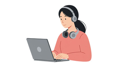 Asian woman working on laptop with headphones at home  