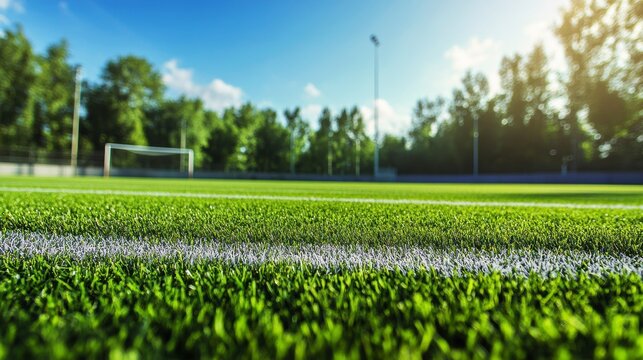 Close-up of artificial turf soccer field with goal and trees in background.