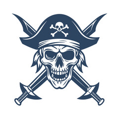 Pirate Skull with Hat and Crossed Swords – Hand Drawn Jolly Roger Emblem in Tattoo Style Isolated on White Background.