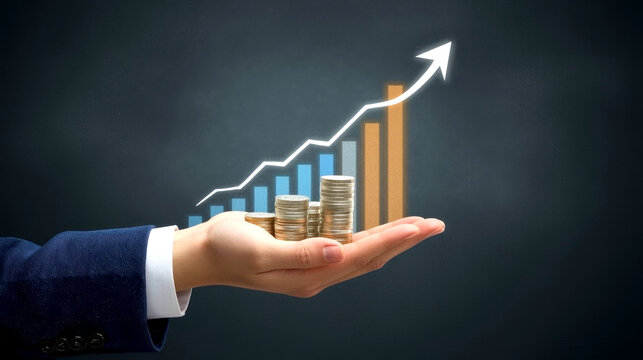 investment and finance concept, businessman holding virtual trading graph and blurred coins on hand, stock market, profits and business growth, male hand in a blue suit jacket