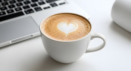 Close up of coffee cup with heart latte art near laptop on white office desk