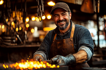 Smiling blacksmith in an apron and cap works with glowing metal in a warm-lit workshop. Concept of craftsmanship and manual work. For promoting traditional skills.