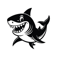Smiling shark illustration with sharp teeth silhouette isolated on white background
