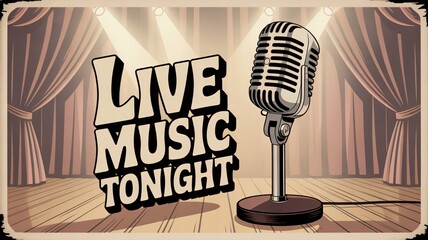 Vintage microphone and bold text announcing live music tonight on a stage with spotlights and curtains