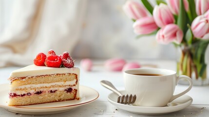Happy mother's day cake, flower and coffee cup on white table. Happy mother's day concept 
