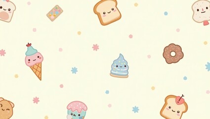 Fototapeta premium Charming kawaii food characters including toast ice cream cone cupcake and donut scattered on a pastel background