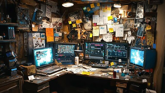 A cluttered workspace with multiple computer screens displaying data and notes on the walls