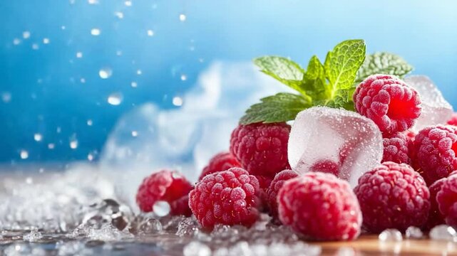 Fresh raspberries ice cubes water splash closeup photography food fruit summer refreshing texture