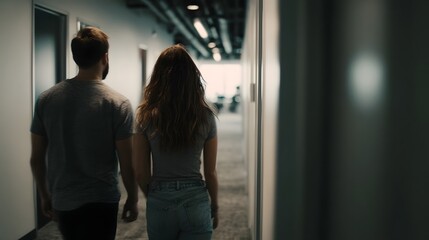 Two coworkers walking side by side in an office hallway