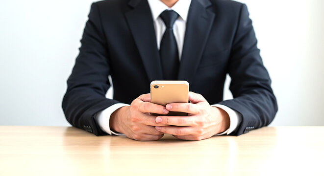 A man in a suit holding a gold colored smartphone while sitting at a light colored wooden table top surface