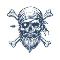 Vintage Pirate Skull with Beard, Eyepatch, and Crossed Bones. Hand Drawn Tattoo Style vector Illustration on White Background