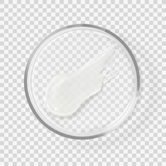 Clear transparent skincare stroke cosmetics beauty product smear on glass petri dish realistic isolated vector beauty product illustration. Concept cosmetics laboratory, beauty product research