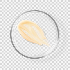 Skincare texture smear beige cosmetic cream on glass petri dish   realistic isolated vector beauty product illustration. Concept cosmetics laboratory, beauty product research