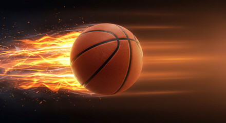 Obraz premium A photo of a basketball flying at high speed with motion blur, glowing energy trails, light streaks, and fire lines behind it. 