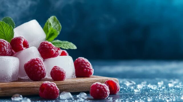 Frozen raspberries and ice cubes on wooden board close up