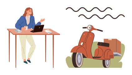 Woman seated at a desk with coffee and laptop, retro scooter beside her carrying a box. Ideal for remote work, delivery service, freelancing, urban lifestyle, e-commerce, productivity, simple flat