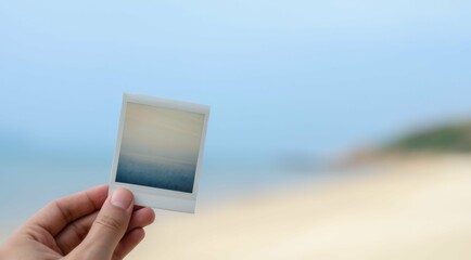 Hand holding photo by beach with horizon and blue sky in the background