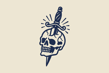 Skull with dagger engraving bold vector illustration