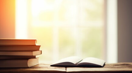 Stack of books and open notebook on a wooden table, with soft light.
