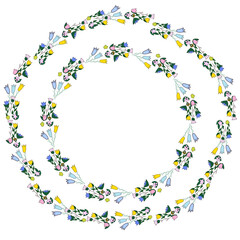 Colorful bellflower floral wreath in spiral shape with pink, yellow, and blue blossoms for spring or wedding design