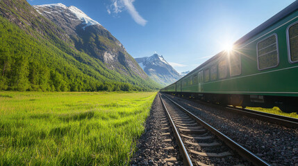 Scenic train journey through lush green valley surrounded by majestic mountains, capturing beauty of nature