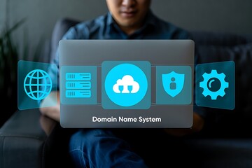 Photo of man using laptop showing domain name system icons