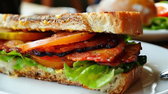 Mouthwatering blt sandwich with crispy bacon, fresh lettuce, juicy tomato, and toasted bread on a white plate, perfect for lunch or a quick snack at a diner, cafe, or restaurant