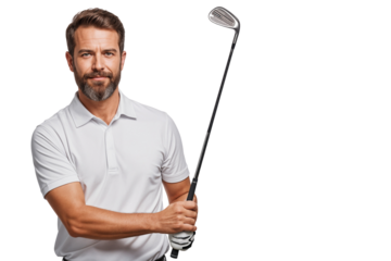 Portrait of a confident man holding a golf club, dressed in a white polo shirt and glove, ready to play