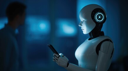 Android uses phone with blurred man in background, future concept